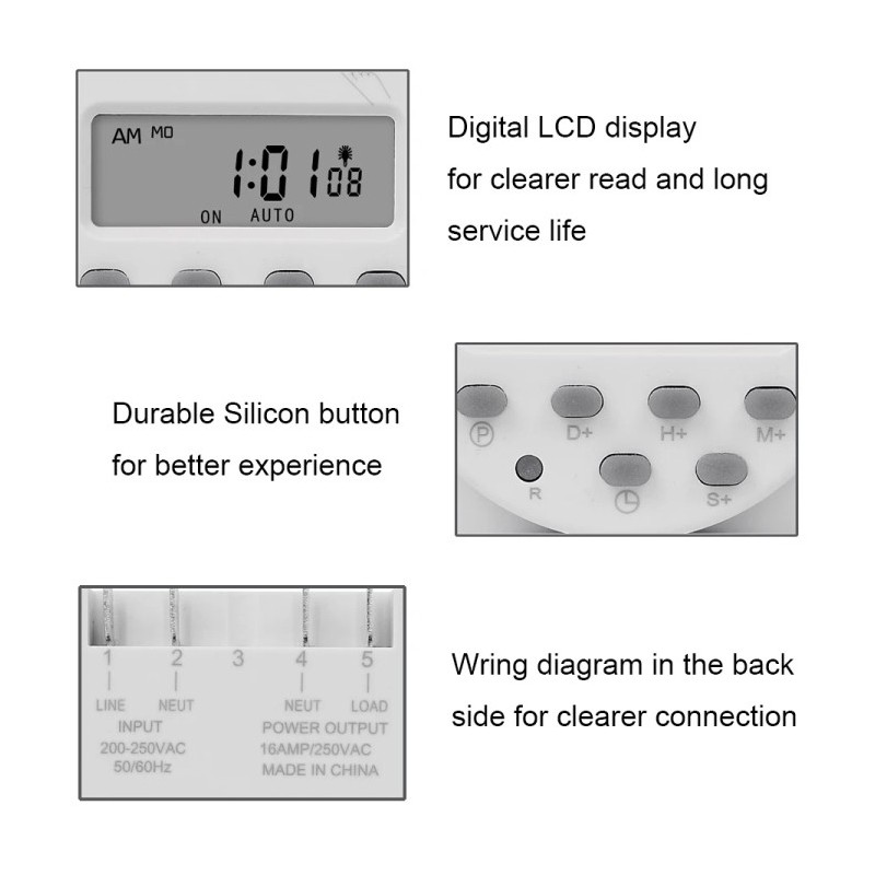 Timer digital SINOTIMER, interval de 1 secunda, 12V temporizator LCD digital programabil saptamanal 7 zile, CN101S-4