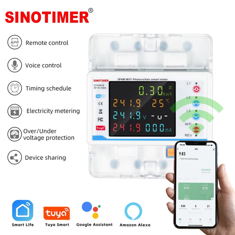 Contor de energie smart WIFI, Sinotimer, bidirectional, trifazic 3P+N, pentru panouri fotovoltaice 100A