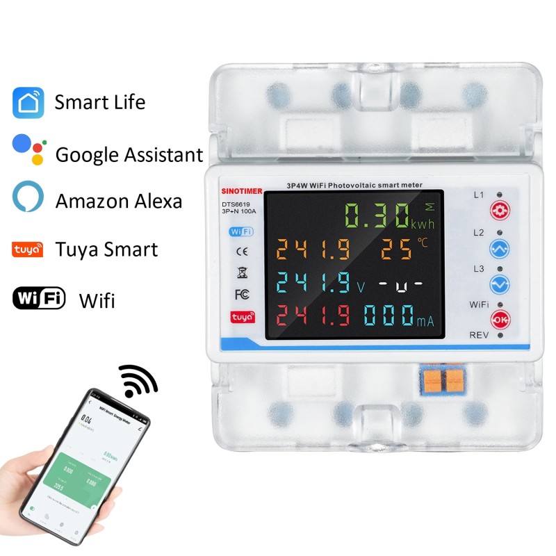 Contor de energie smart WIFI, Sinotimer, bidirectional, trifazic 3P+N, pentru panouri fotovoltaice 100A