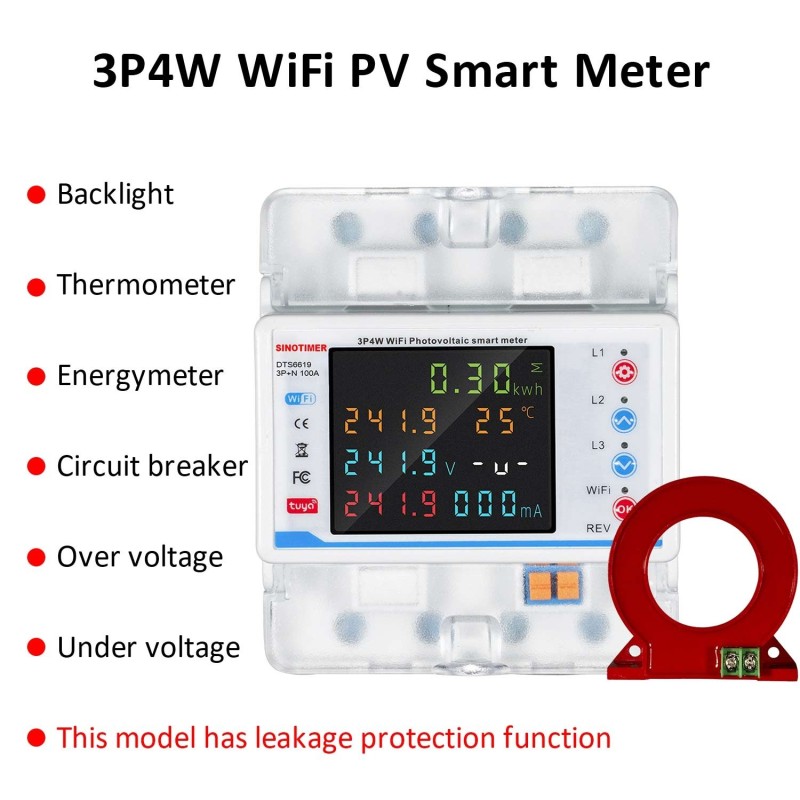 Contor de energie trifazic 3P+N, diferential, Sinotimer ,WiFi Tuya, bidirecțional, panouri fotovoltaice 100A, DTS6619-3PN-L