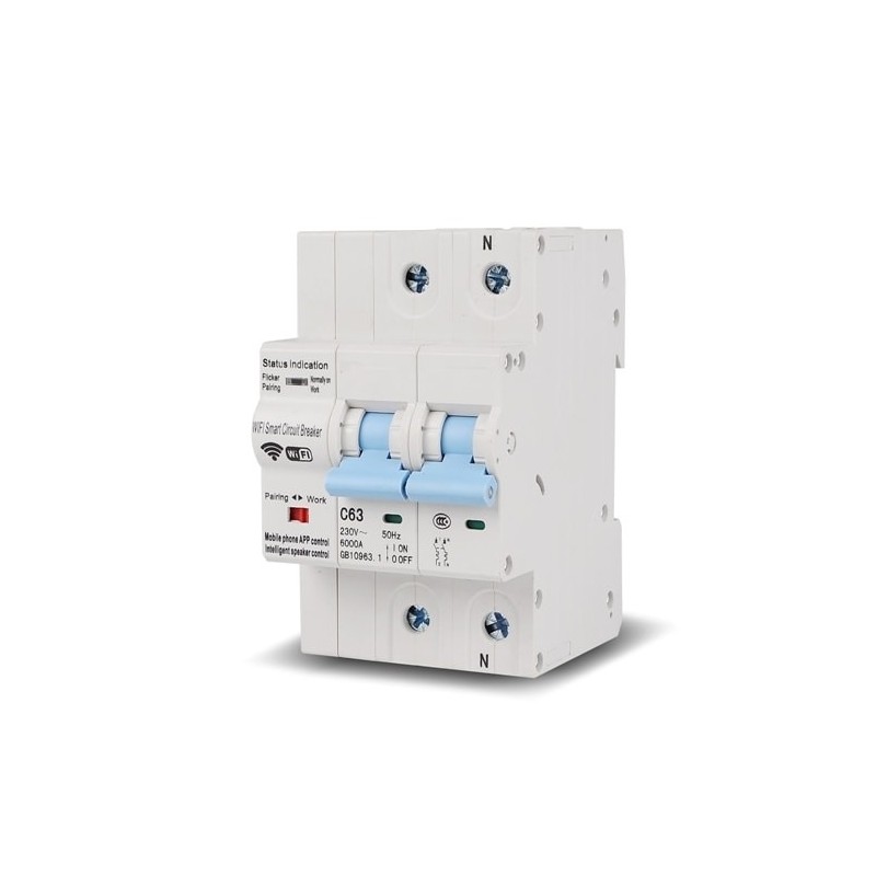 Întrerupător de circuit inteligent Sinotimer, Tuya, WiFi monofazic, 2P, 230V, 63A, protectie suprasarcina, scurtcircuit