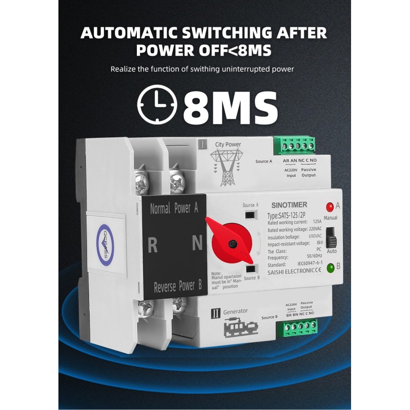 Comutator automat monofazat, SINOTIMER, ATS-125-2P, SMART SWITCH, 2P, 125A, alb