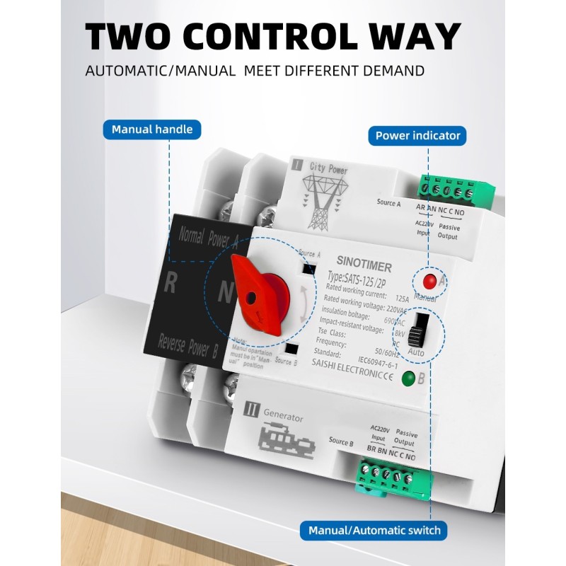 Comutator automat monofazat, SINOTIMER, ATS-125-2P, SMART SWITCH, 2P, 125A, alb