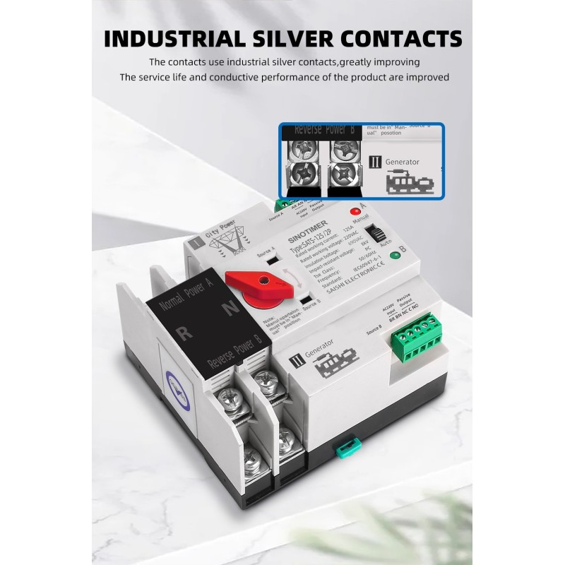 Comutator automat monofazat, SINOTIMER, ATS-125-2P, SMART SWITCH, 2P, 125A, alb