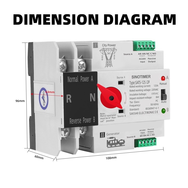Comutator automat monofazat, SINOTIMER, ATS-125-2P, SMART SWITCH, 2P, 125A, alb