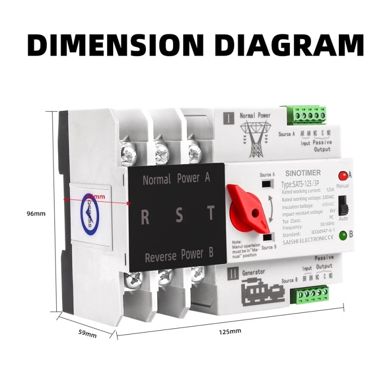 Comutator de transfer automat 3P 3 faze cu șină Din ATS cu alimentare dublă, SINOTIMER, comutator selector electric, 125A