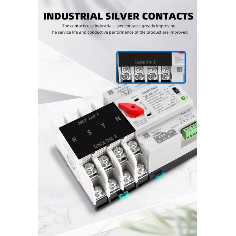 Comutator de transfer automat cu alimentare dublă, SINOTIMER, 4P, 4 faze, pe șină DIN , ATS, comutator selector electric,125A