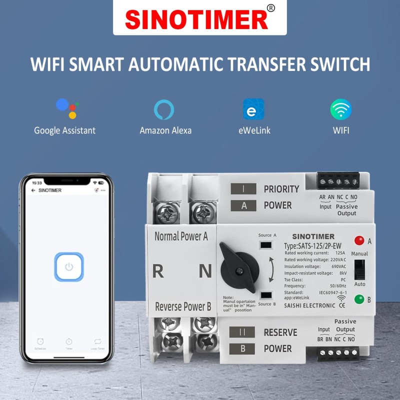 Comutator inteliget pentru PV WiFi eWeLink 2P 125A AC 230V ATS cu alimentare dublă, selector automat de transfer