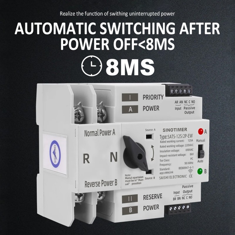 Comutator inteliget pentru PV WiFi eWeLink 2P 125A AC 230V ATS cu alimentare dublă, selector automat de transfer