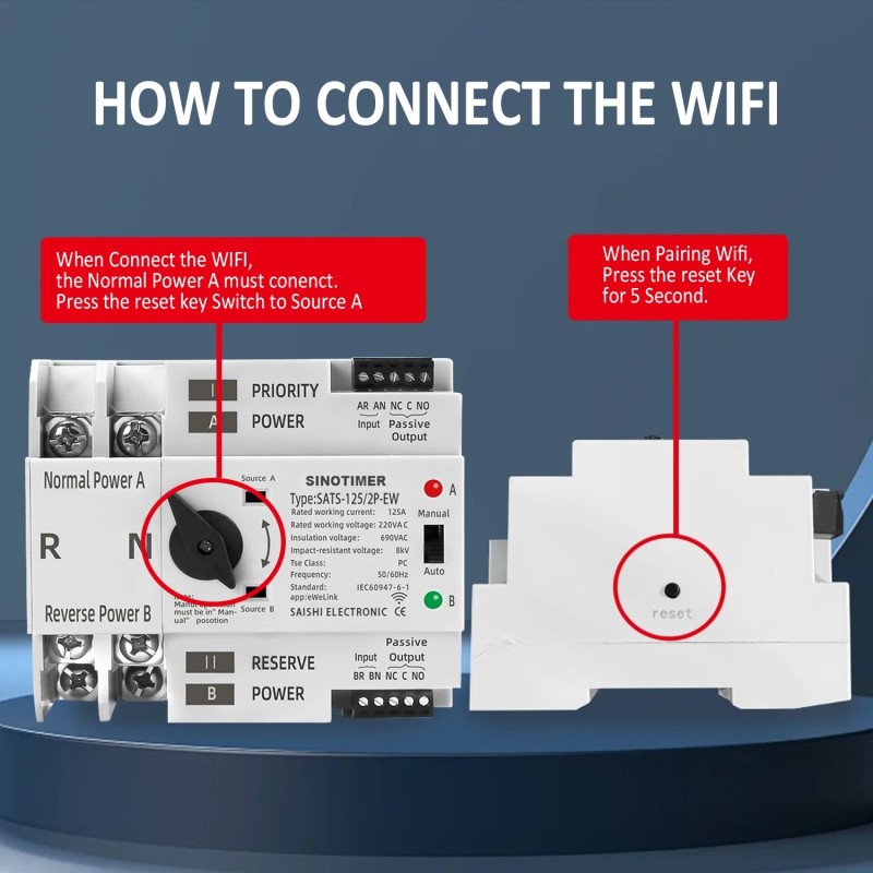 Comutator inteliget pentru PV WiFi eWeLink 2P 125A AC 230V ATS cu alimentare dublă, selector automat de transfer