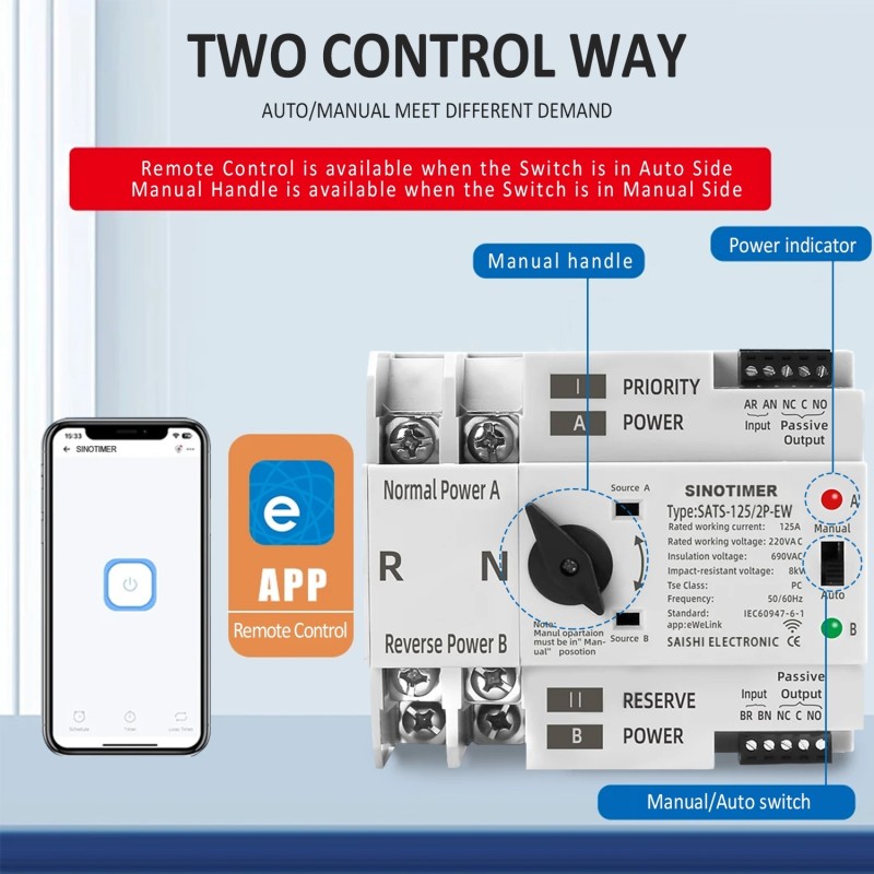 Comutator inteliget pentru PV WiFi eWeLink 2P 125A AC 230V ATS cu alimentare dublă, selector automat de transfer