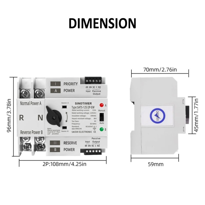 Comutator inteliget pentru PV WiFi eWeLink 2P 125A AC 230V ATS cu alimentare dublă, selector automat de transfer