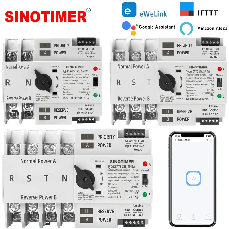 Comutator inteliget pentru PV WiFi eWeLink 2P 125A AC 230V ATS cu alimentare dublă, selector automat de transfer