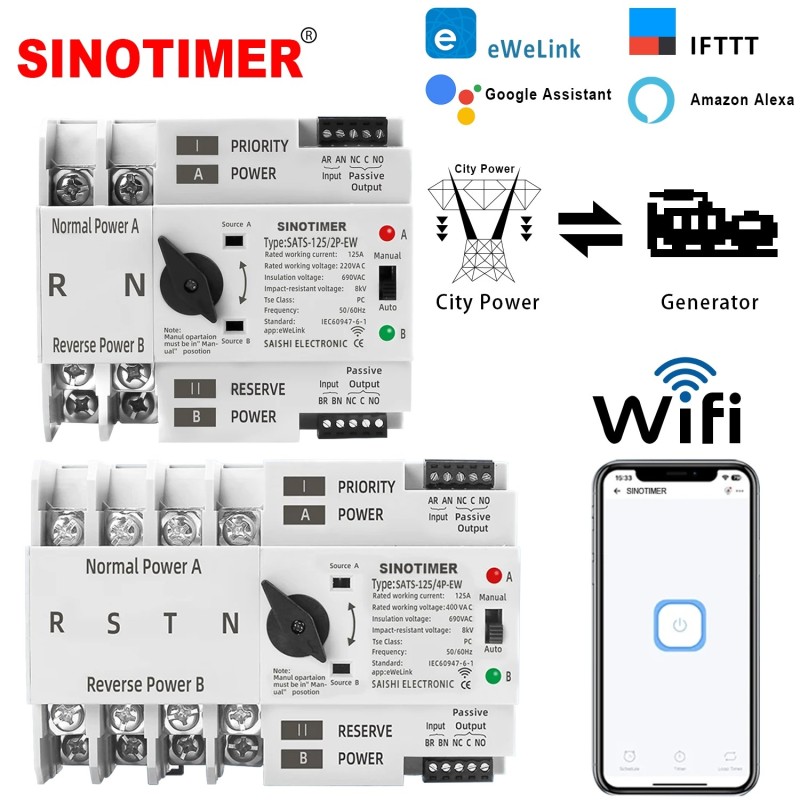 Comutator inteliget pentru PV WiFi eWeLink 2P 125A AC 230V ATS cu alimentare dublă, selector automat de transfer