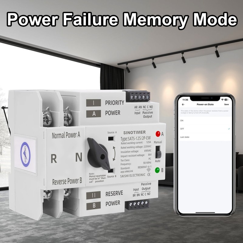 Comutator inteliget pentru PV WiFi eWeLink 2P 125A AC 230V ATS cu alimentare dublă, selector automat de transfer