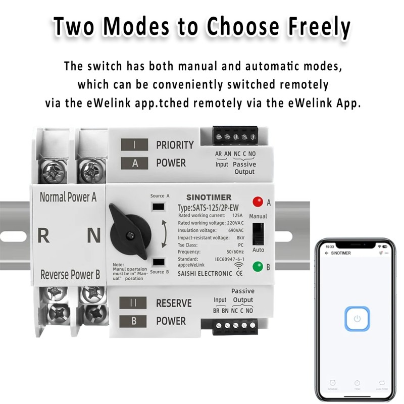 Comutator inteliget pentru PV WiFi eWeLink 2P 125A AC 230V ATS cu alimentare dublă, selector automat de transfer