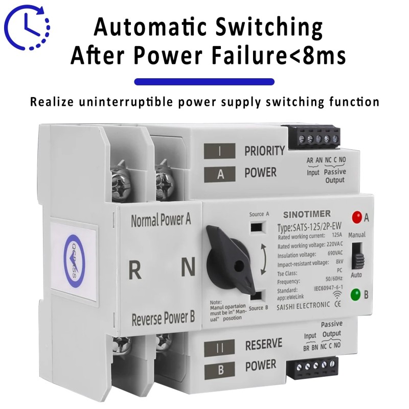 Comutator inteliget pentru PV WiFi eWeLink 2P 125A AC 230V ATS cu alimentare dublă, selector automat de transfer
