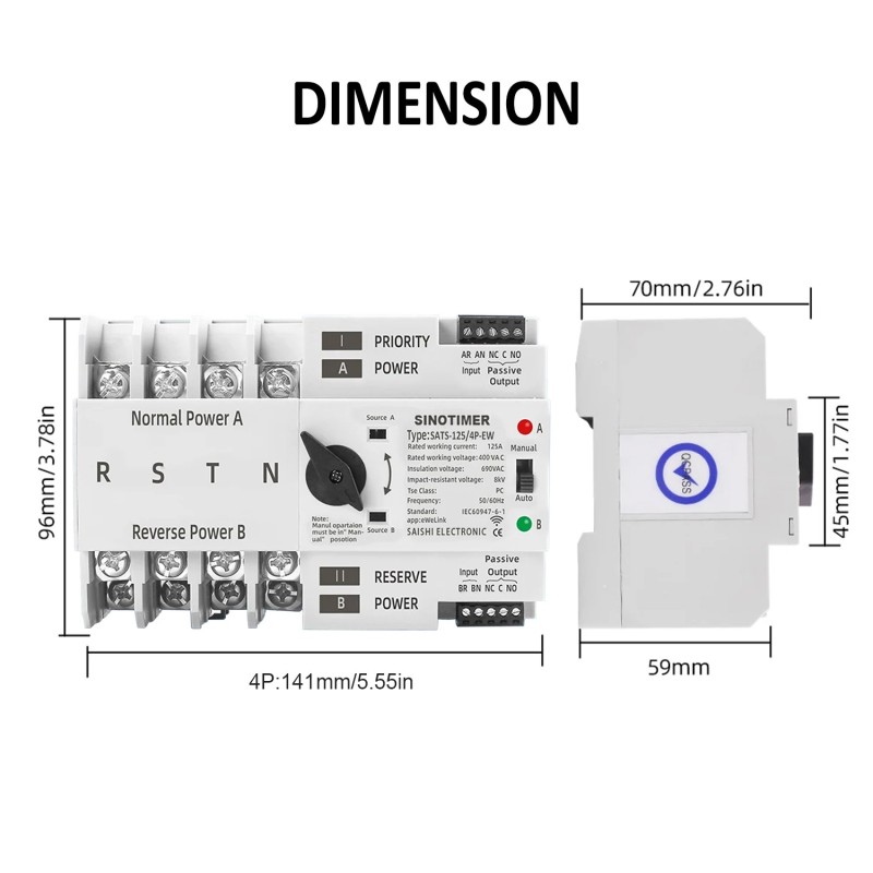 Comutator inteliget pentru PV WiFi eWeLink 4P 125A AC 230V ATS cu alimentare dublă, selector automat de transfer