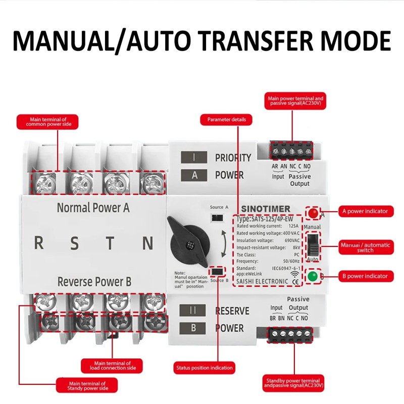 Comutator inteliget pentru PV WiFi eWeLink 4P 125A AC 230V ATS cu alimentare dublă, selector automat de transfer