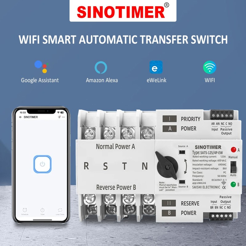 Comutator inteliget pentru PV WiFi eWeLink 4P 125A AC 230V ATS cu alimentare dublă, selector automat de transfer