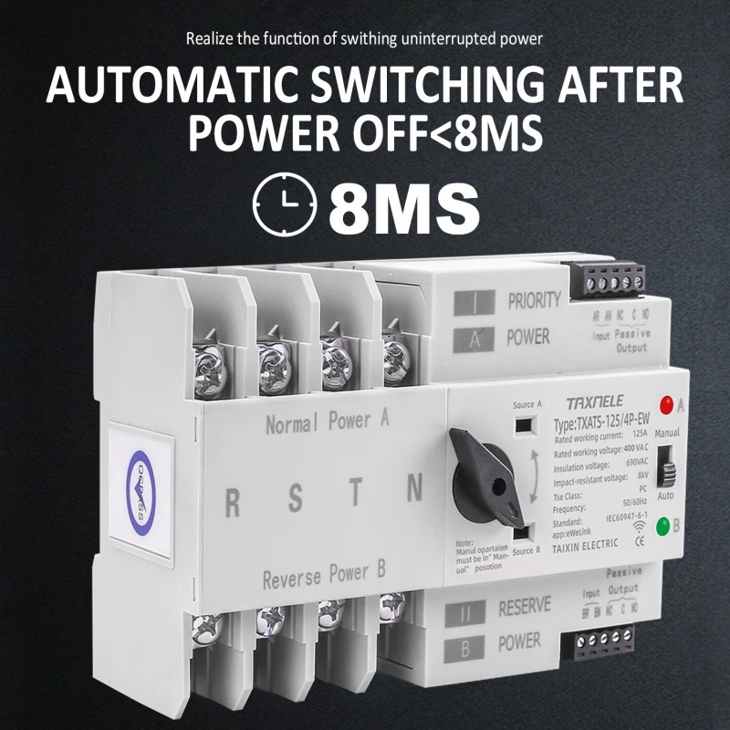 Comutator inteliget pentru PV WiFi eWeLink 4P 125A AC 230V ATS cu alimentare dublă, selector automat de transfer