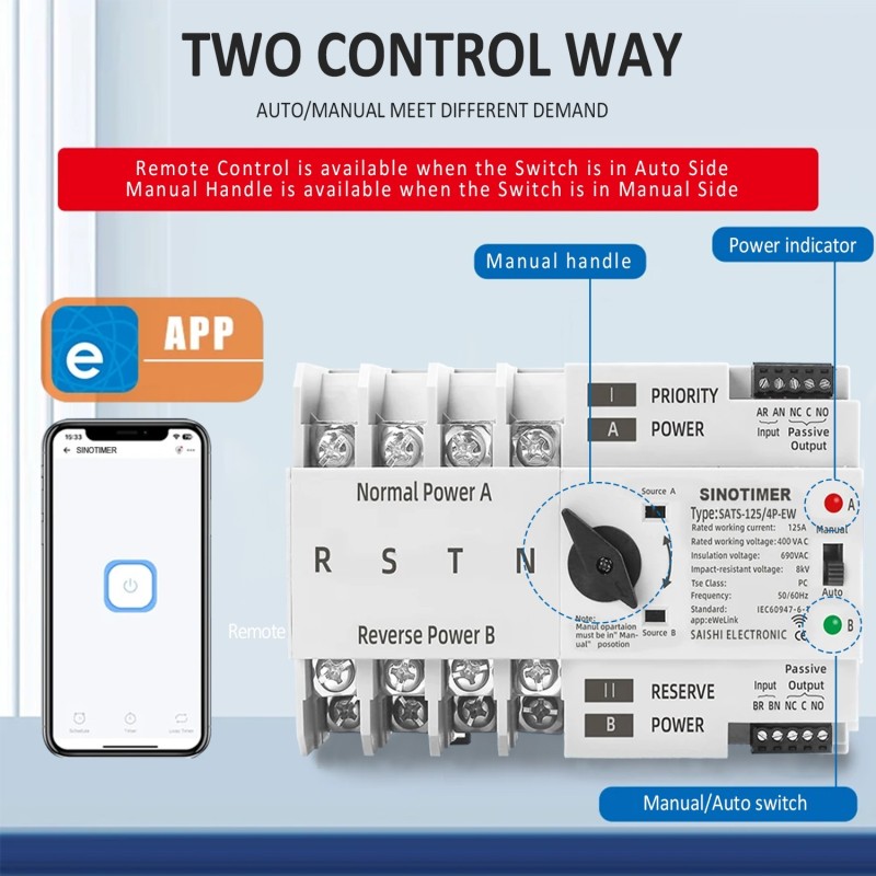 Comutator inteliget pentru PV WiFi eWeLink 4P 125A AC 230V ATS cu alimentare dublă, selector automat de transfer