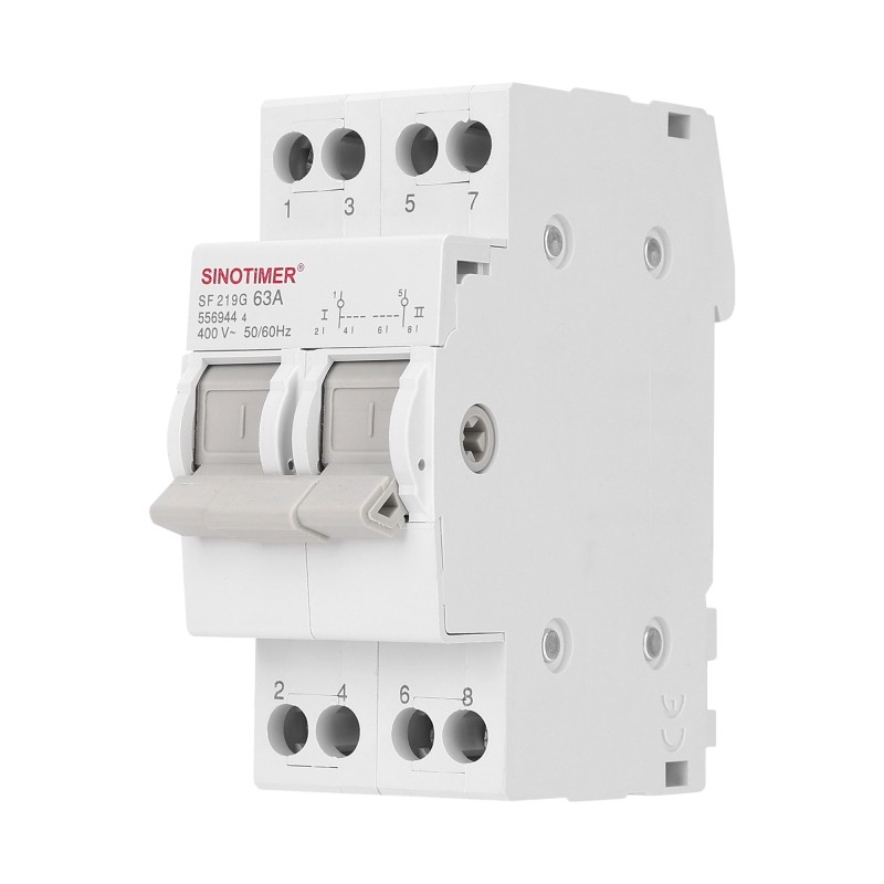 Comutator manual I-0-II SINOTIMER SF219G, 63A, 2 poli, 400V, montaj pe sina DIN