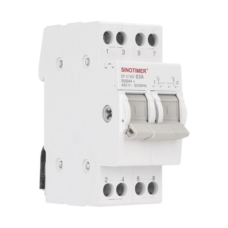Comutator manual I-0-II SINOTIMER SF219G, 63A, 2 poli, 400V, montaj pe sina DIN