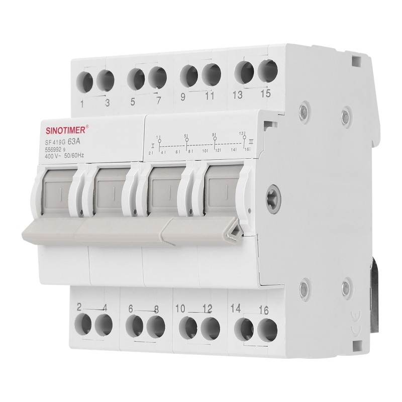 Comutator de transfer manual, 4P 63A Sinotimer SF219G , 4 poli, 400V, montaj pe sina DIN