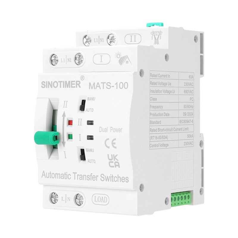 Comutator de transfer automat, PV, ATS Sinotimer, AC, 2 Poli Monofazic, 63A, MATS-100 2P 63PV, pentru panouri fotovoltaice