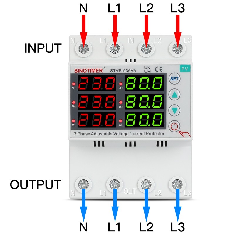 Releu trifazic SINOTIMER, siguranta digitala de protectie tensiune trifazic, 1- 80A, recuperare automata, STVP936VA-80A