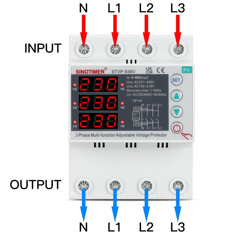 Releu trifazic SINOTIMER, siguranta digitala de protectie tensiune trifazic 80A, recuperare automata, STVP936V-80A