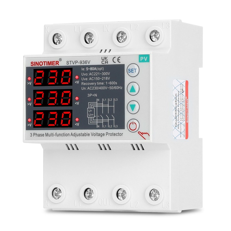 Releu trifazic SINOTIMER, siguranta digitala de protectie tensiune trifazic 80A, recuperare automata, STVP936V-80A