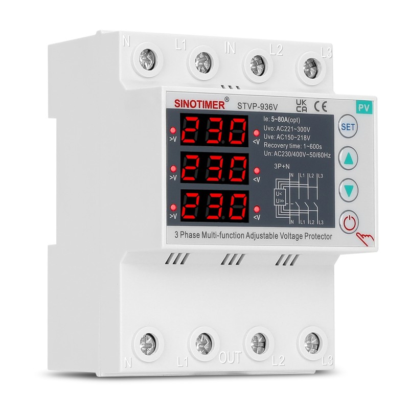 Releu trifazic SINOTIMER, siguranta digitala de protectie tensiune trifazic 80A, recuperare automata, STVP936V-80A