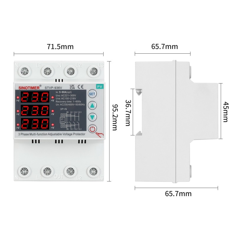 Releu trifazic SINOTIMER, siguranta digitala de protectie tensiune trifazic 80A, recuperare automata, STVP936V-80A