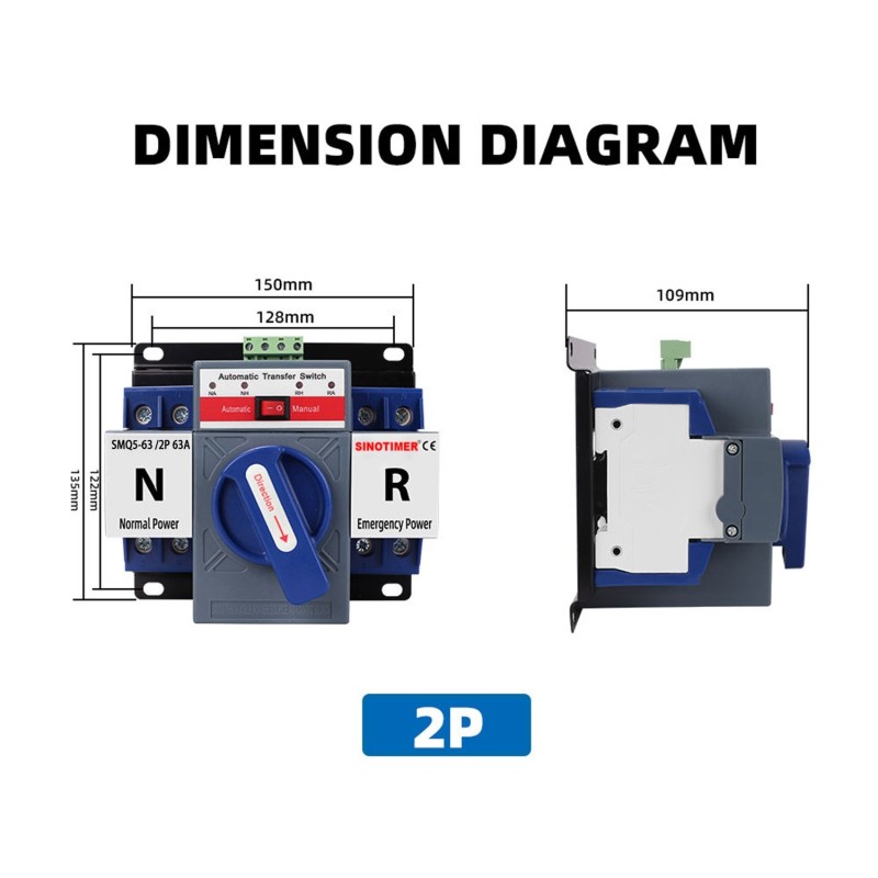 Comutator automat de transfer SINOTIMER SMQ5-63 / 2P 63A ATS retea – generator, mod automat si manual