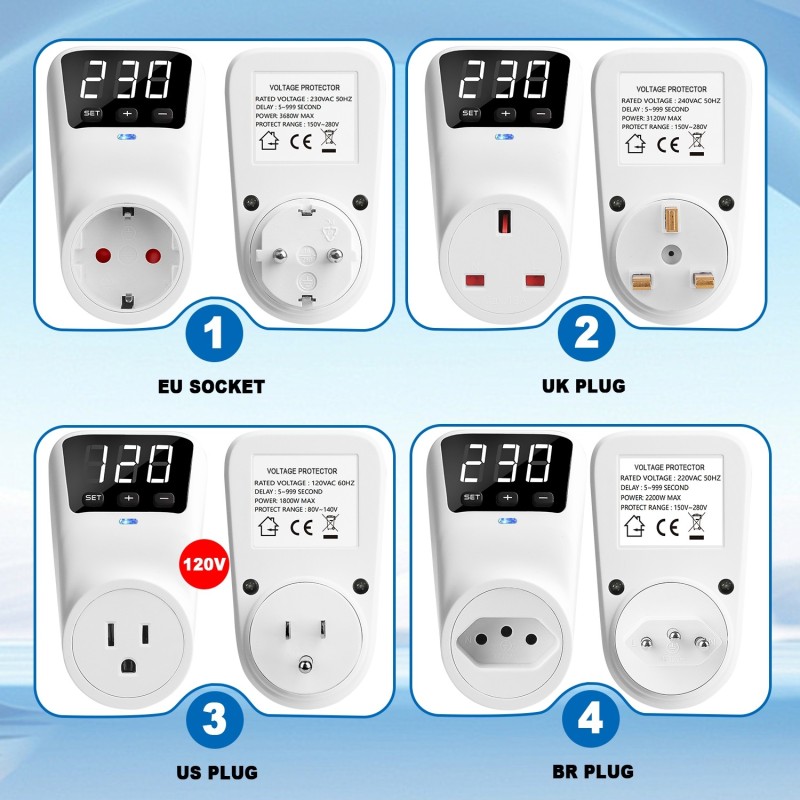 Priza inteligenta, protectie supratensiune si subtensiune, SINOTIMER, afisaj LED, 230V, 16A, 3680W, reglaj voltaj
