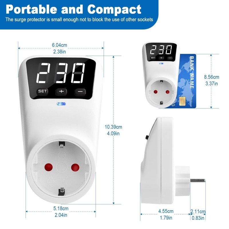 Priza inteligenta, protectie supratensiune si subtensiune, SINOTIMER, afisaj LED, 230V, 16A, 3680W, reglaj voltaj