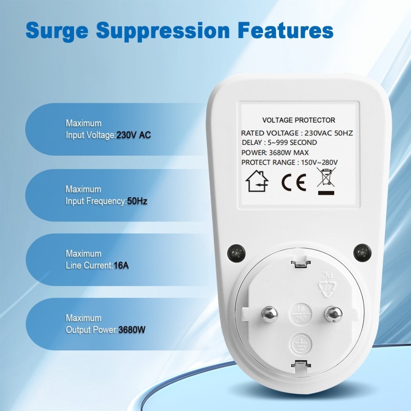 Priza inteligenta, protectie supratensiune si subtensiune, SINOTIMER, afisaj LED, 230V, 16A, 3680W, reglaj voltaj