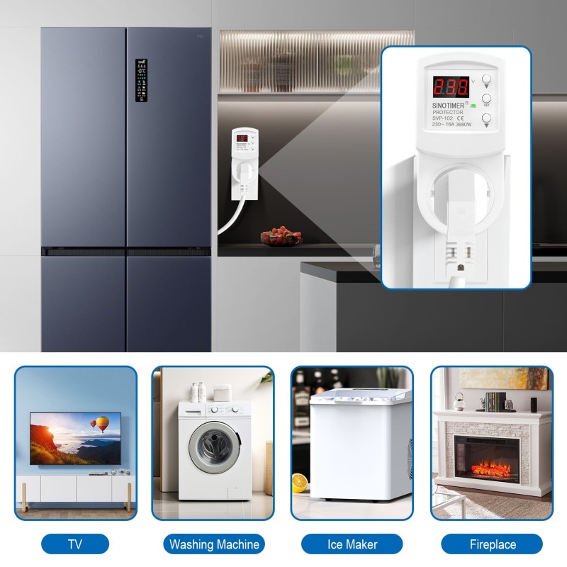 Priza inteligenta protectie tensiune SINOTIMER SVP-102, 230V, 16A, 3680W, display LED, reglaj automat supratensiune, subtensiune