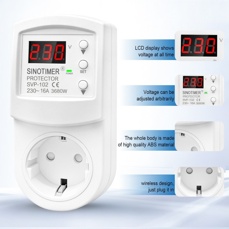 Priza inteligenta protectie tensiune SINOTIMER SVP-102, 230V, 16A, 3680W, display LED, reglaj automat supratensiune, subtensiune