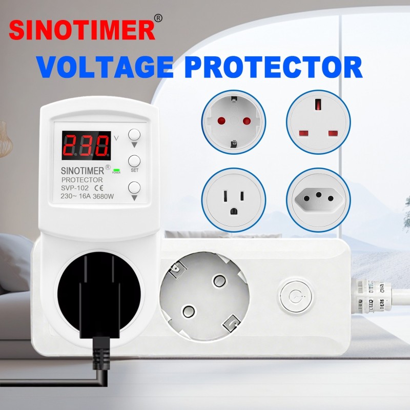 Priza inteligenta protectie tensiune SINOTIMER SVP-102, 230V, 16A, 3680W, display LED, reglaj automat supratensiune, subtensiune