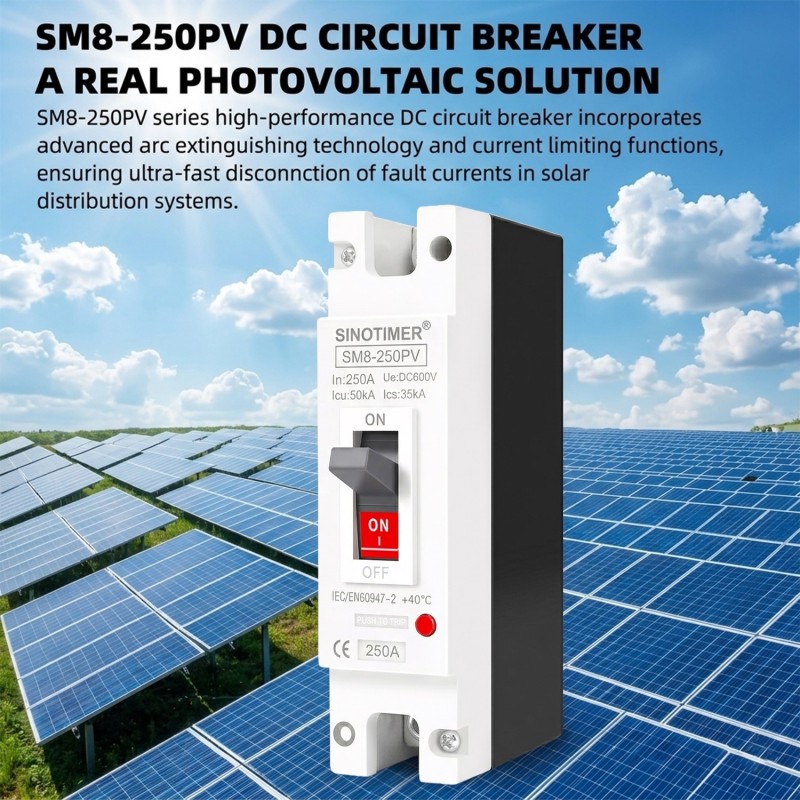 Siguranta automata DC PV SINOTIMER SM8-250PV, 250A, 1P, 600V DC, disjunctor fotovoltaic, protectie suprasarcina si scurtcircuit