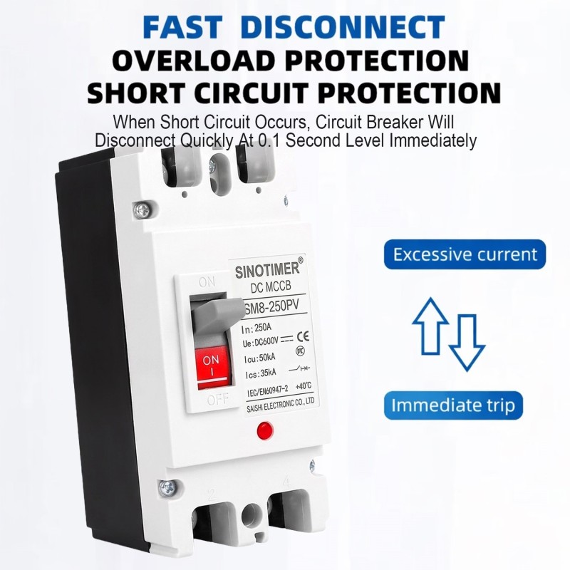 Siguranta automata DC PV SINOTIMER SM8-250PV, 250A, 2P, 600V DC, disjunctor fotovoltaic, protectie suprasarcina si scurtcircuit