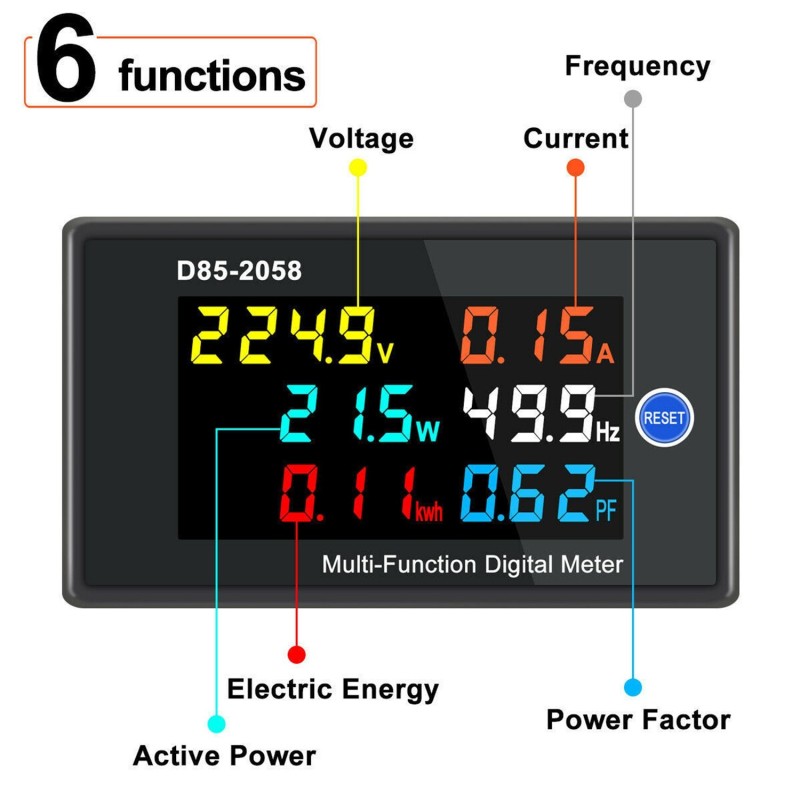 Contor digital AC SINOTIMER D85-2058, voltmetru, ampermetru, wattmetru, frecvență, factor de putere, energie kWh, 230V