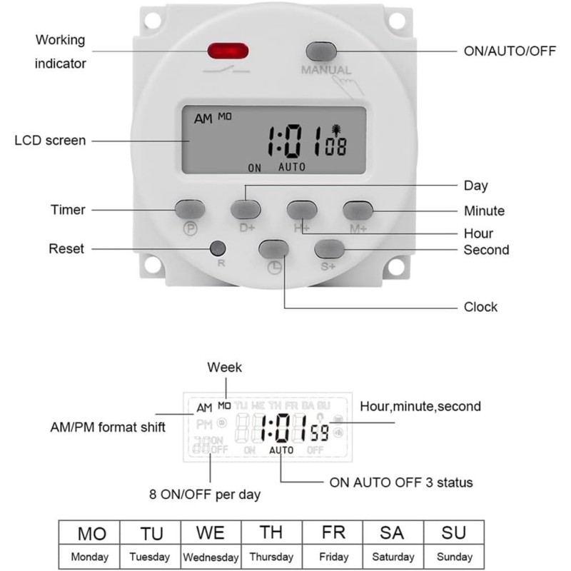 Timer digital, SINOTIMER interval de 1 secunda, 5V temporizator LCD digital programabil saptamanal 7 zile, CN101S-5v