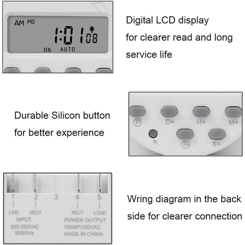 Timer digital, SINOTIMER interval de 1 secunda, 5V temporizator LCD digital programabil saptamanal 7 zile, CN101S-5v