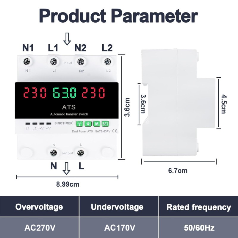 Comutator automat sursa ATS SINOTIMER SATS-63PV, 63A, 230V, transfer automat retea-generator/invertor PV, protectie tensiune