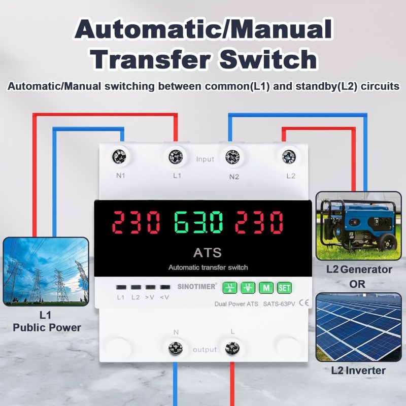 Comutator automat sursa ATS SINOTIMER SATS-63PV, 63A, 230V, transfer automat retea-generator/invertor PV, protectie tensiune