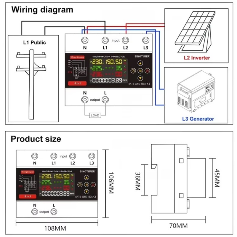 Comutator automat surse trifazat SINOTIMER STS-936E-150A, 150A, 230/400V, ATS 3 surse (retea, invertor, generator)